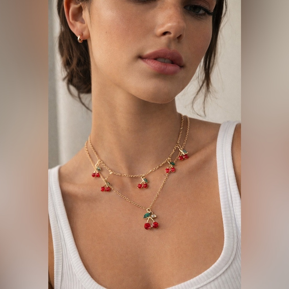 Cherry Charm Layered Gold Necklace Red Crystal Coquette Y2K